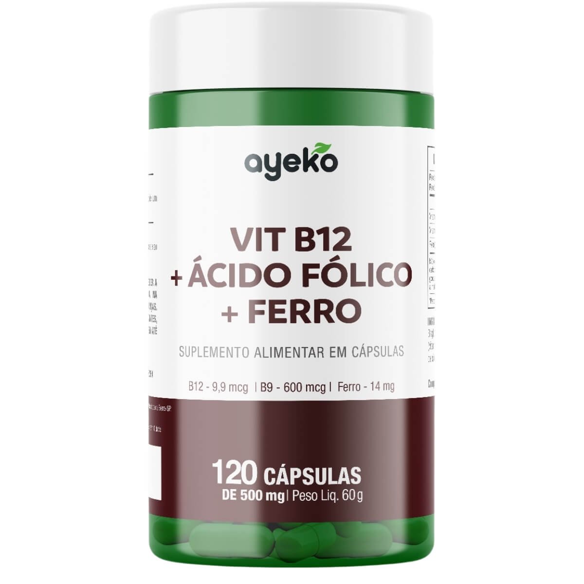 Vitamina B12 + Ácido Fólico + Ferro 120 Cápsulas